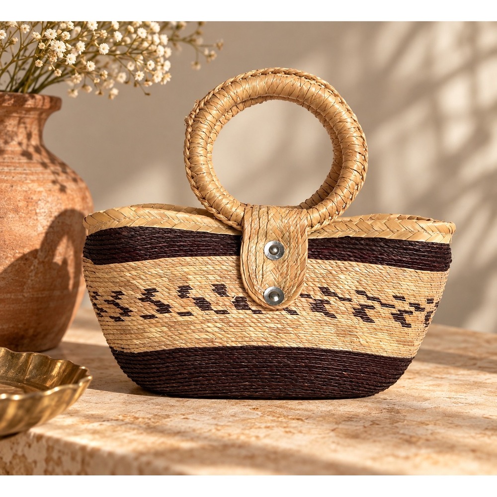 Vintage Brown Rattan Woven Straw Circle Handle Small Basket Woven Handbag Women